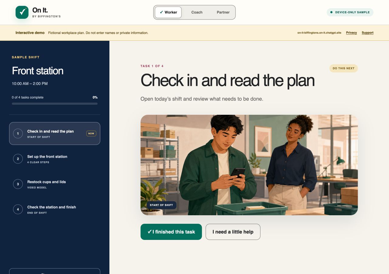 On It. fictional worker demonstration with a clear shift task list and optional help controls