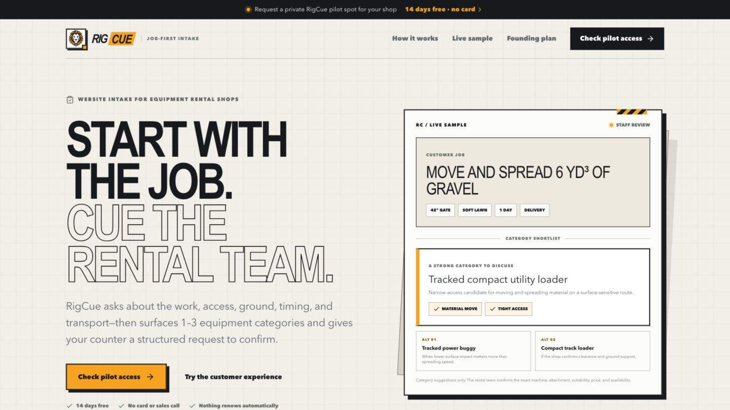 RigCue website introducing job-first equipment rental intake